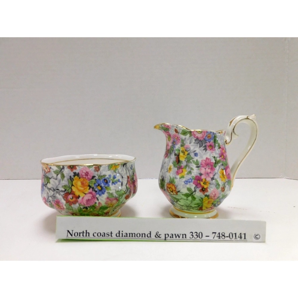 Royal Albert Crown China Petit Point Floral Chintz Creamer and Sugar Bowl DW711